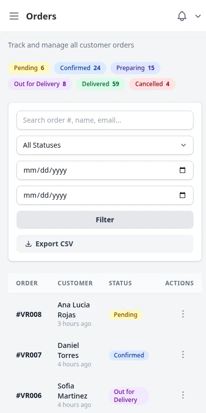 DabDash order management table showing orders with status badges, customer names, and totals — mobile view