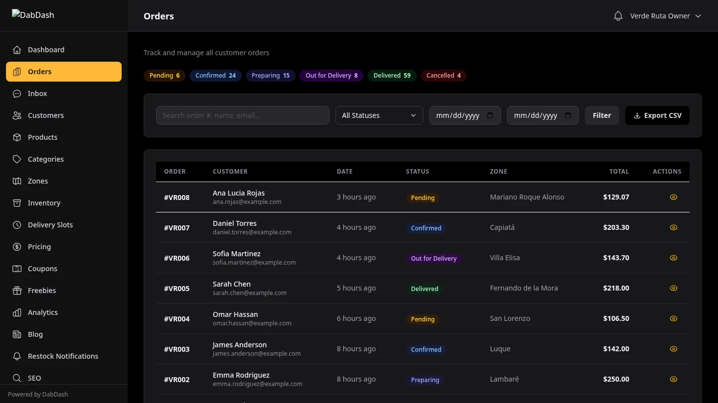 DabDash order management table showing orders with status badges, customer names, and totals