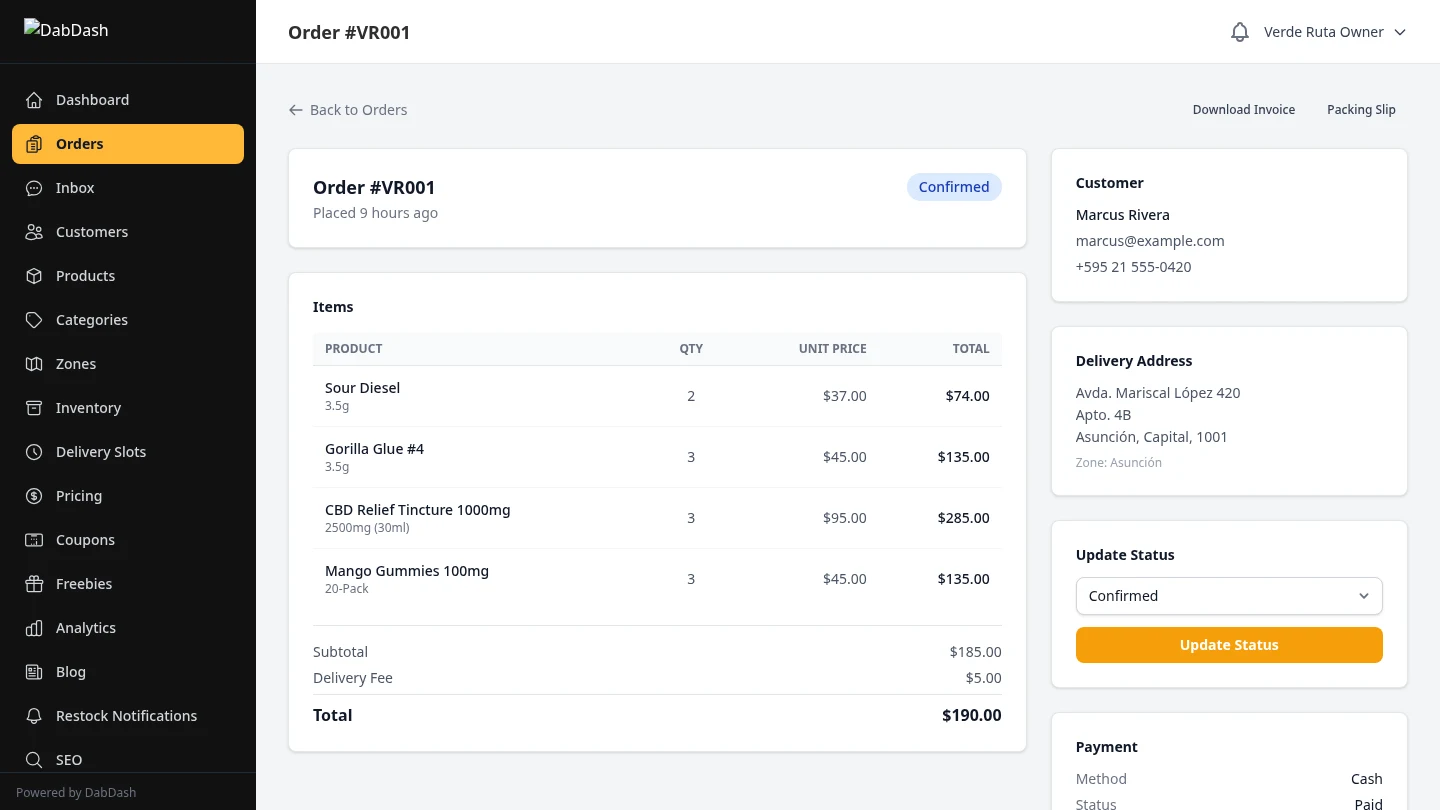 DabDash order detail view showing line items, customer info, and delivery details