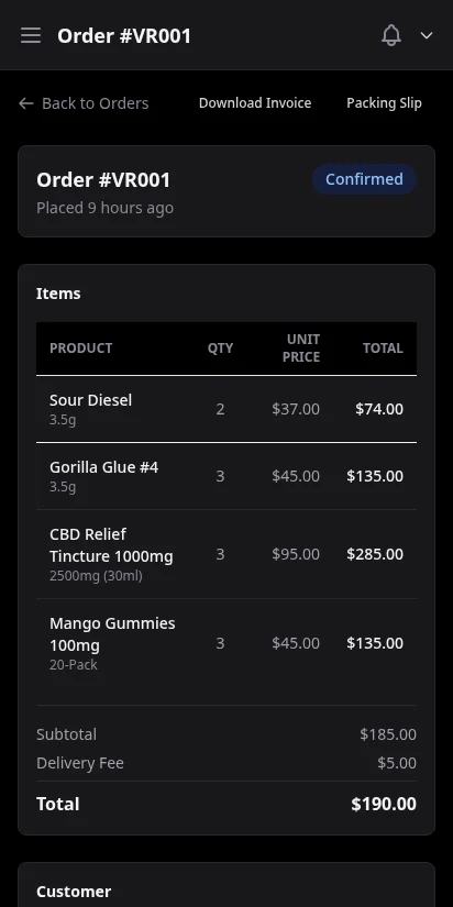 DabDash order detail view showing line items, customer info, and delivery details — mobile view