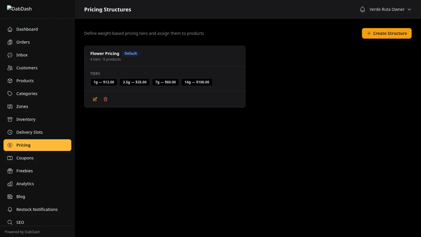DabDash pricing structures list with mix and match configurations