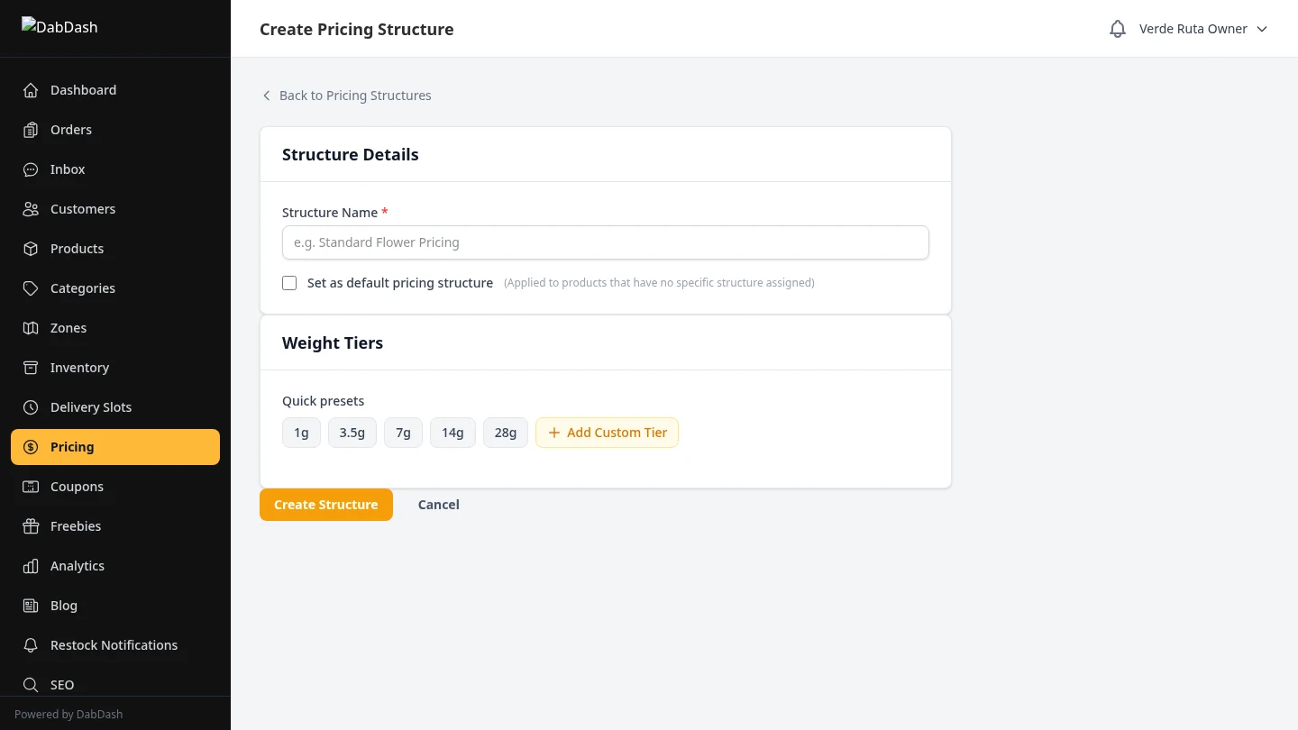 DabDash pricing structure creation form showing mix and match toggle, weight tier configuration, and discount percentage fields