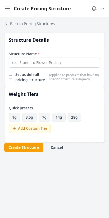 DabDash pricing structure creation form showing mix and match toggle, weight tier configuration, and discount percentage fields — mobile view