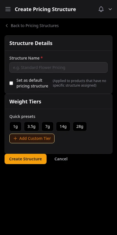 DabDash pricing structure creation form showing mix and match toggle, weight tier configuration, and discount percentage fields — mobile view