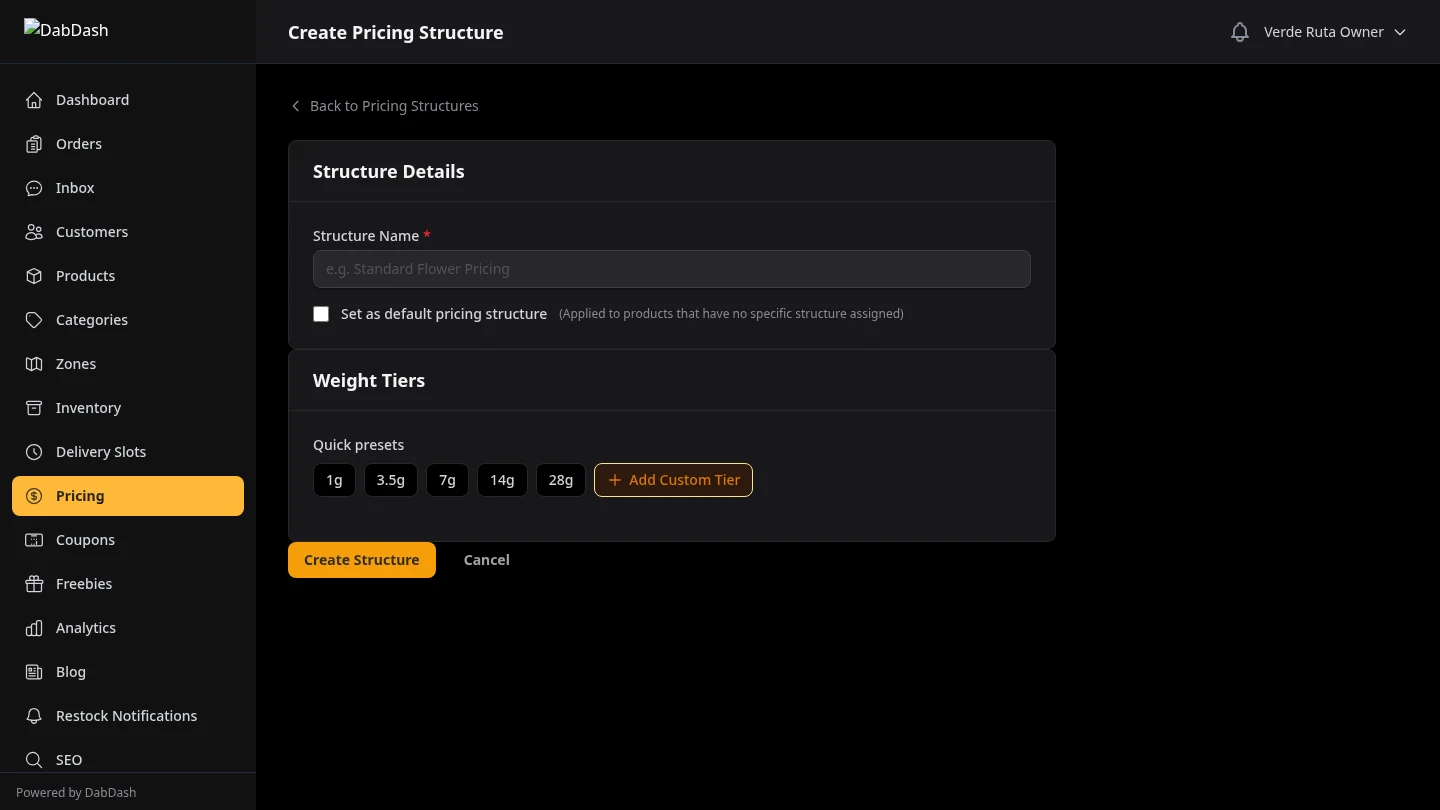 DabDash pricing structure creation form showing mix and match toggle, weight tier configuration, and discount percentage fields