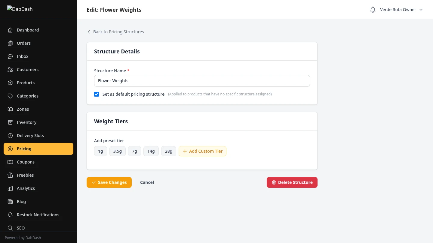 DabDash pricing tier editor showing volume discount thresholds