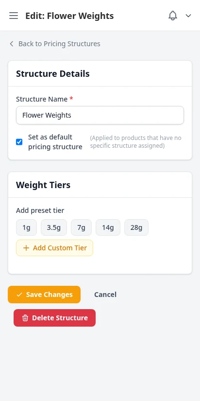 DabDash pricing tier editor showing volume discount thresholds — mobile view