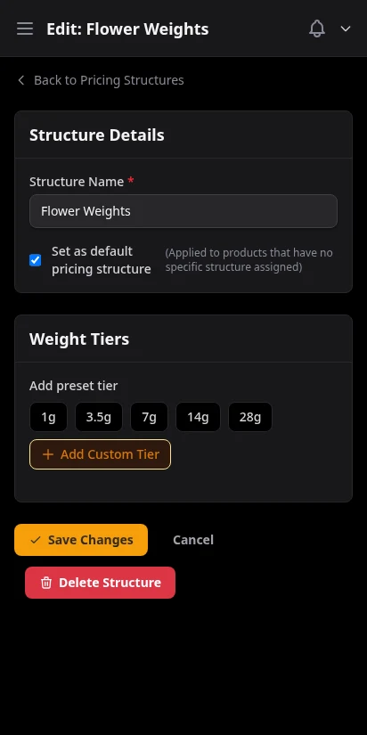 DabDash pricing tier editor showing volume discount thresholds — mobile view