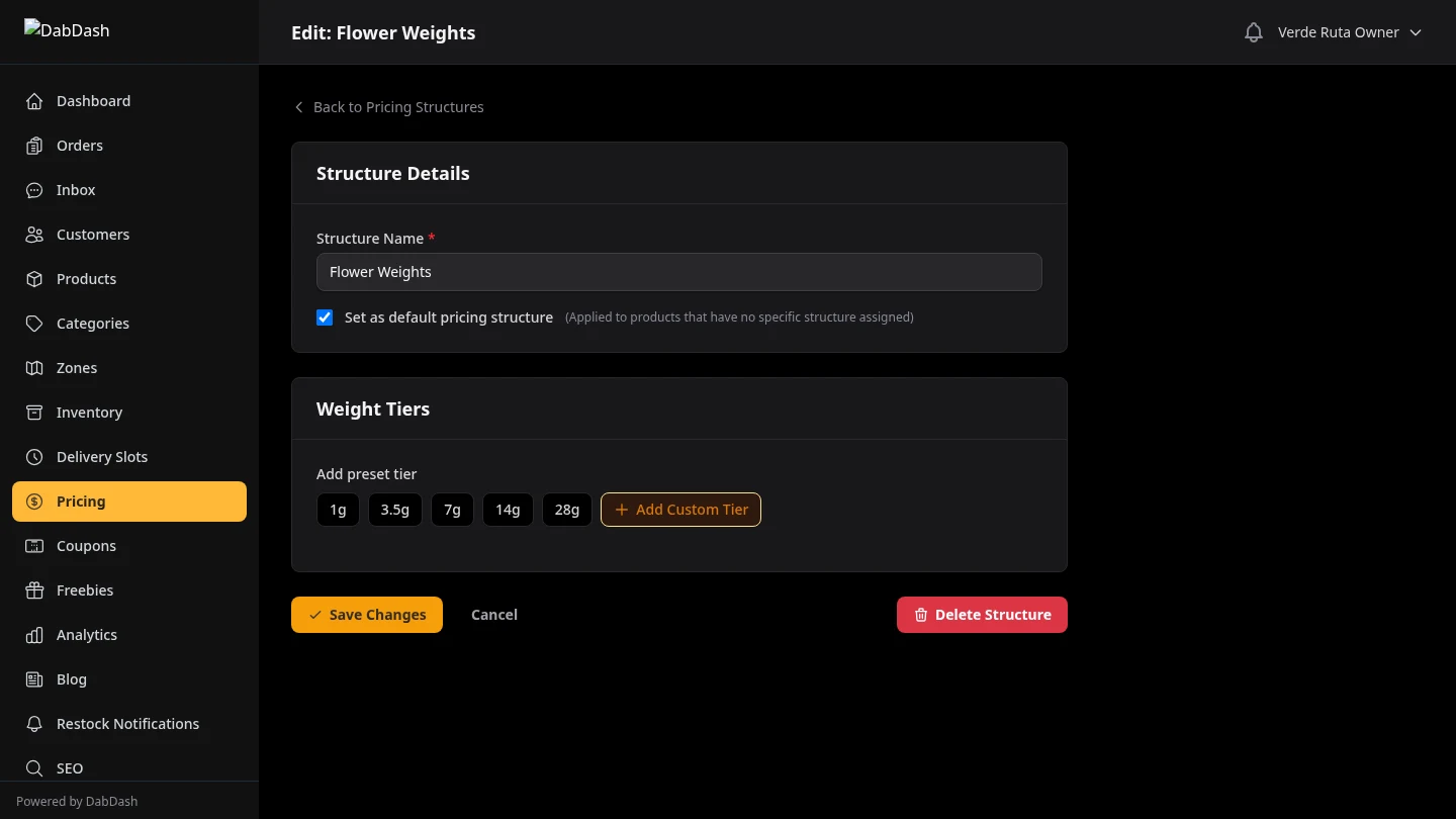 DabDash pricing tier editor showing volume discount thresholds