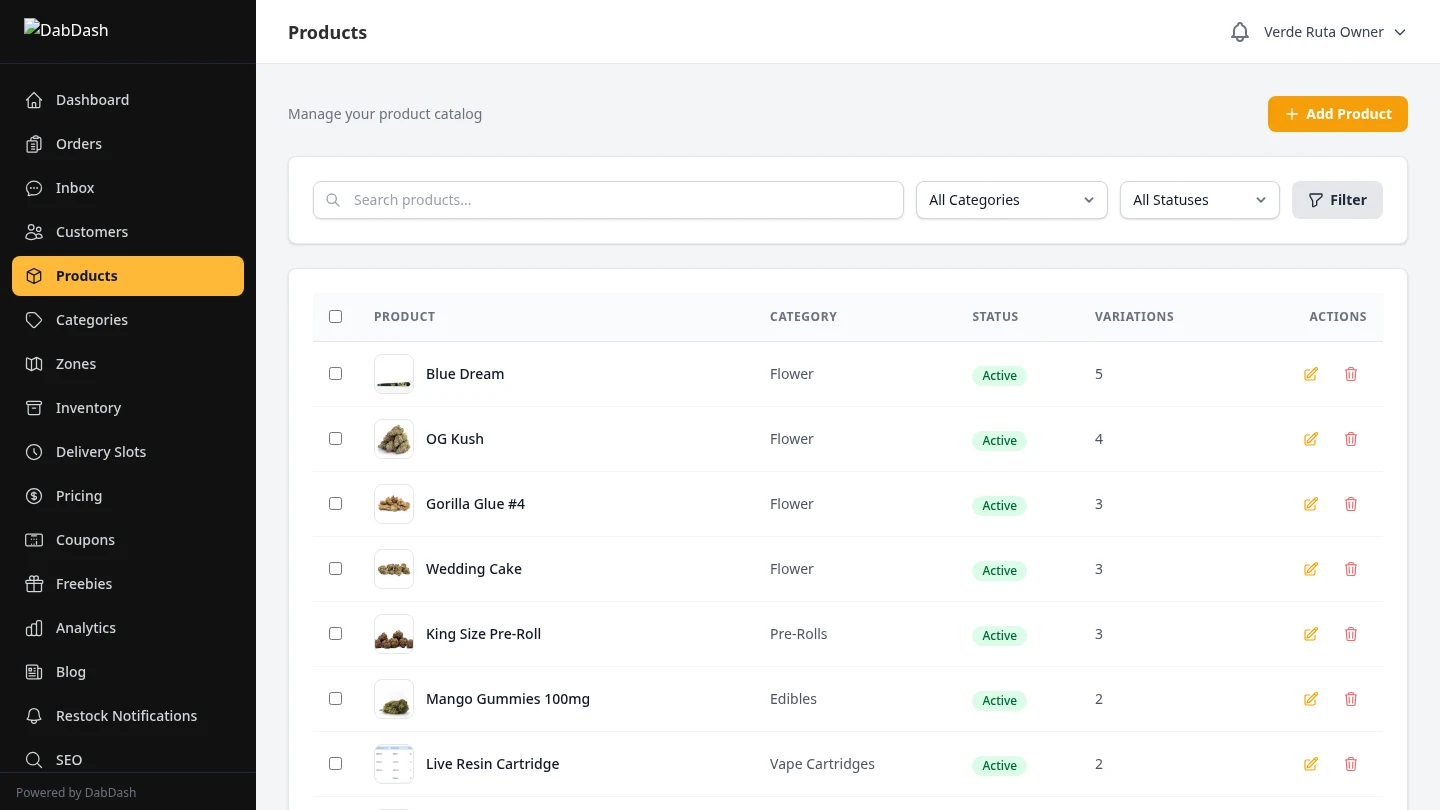 DabDash product catalog listing with strain types, pricing, and stock status