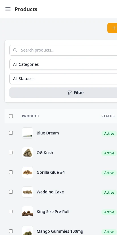 DabDash product catalog listing with strain types, pricing, and stock status — mobile view