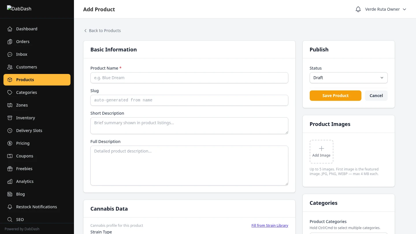 DabDash product creation form showing name, strain type, description, and weight variation setup