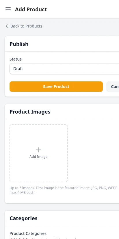 DabDash product creation form showing name, strain type, description, and weight variation setup — mobile view
