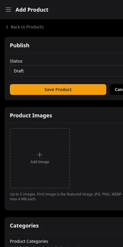 DabDash product creation form showing name, strain type, description, and weight variation setup — mobile view