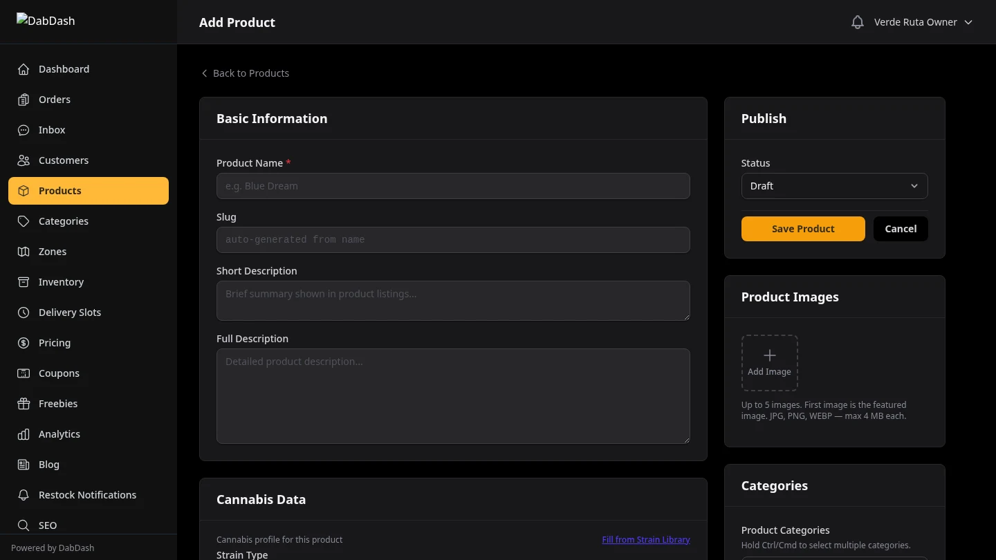 DabDash product creation form showing name, strain type, description, and weight variation setup