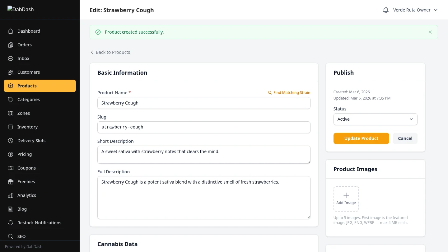 DabDash product editor with featured image uploaded, showing image preview and product ready to publish