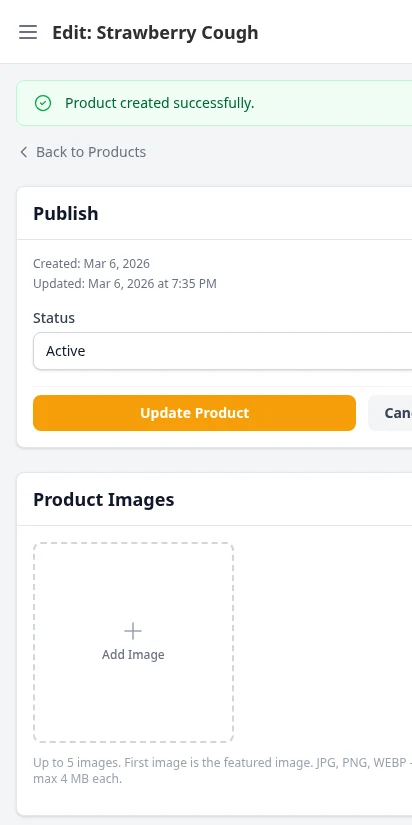 DabDash product editor with featured image uploaded, showing image preview and product ready to publish — mobile view