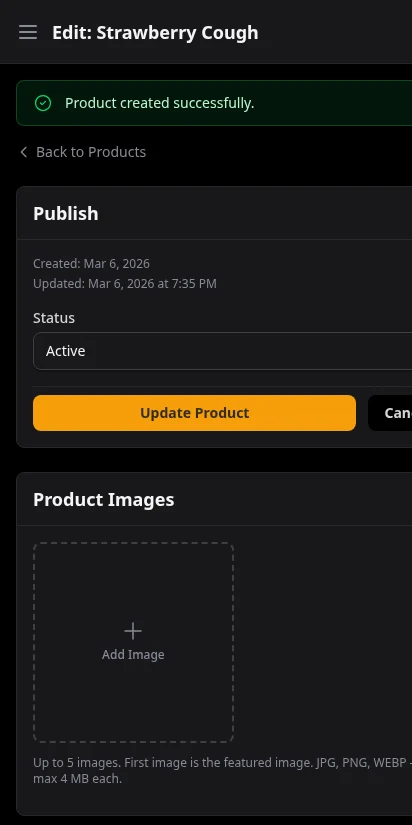 DabDash product editor with featured image uploaded, showing image preview and product ready to publish — mobile view