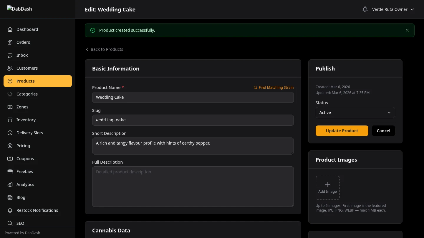 DabDash product editor showing weight variations, pricing, and strain details
