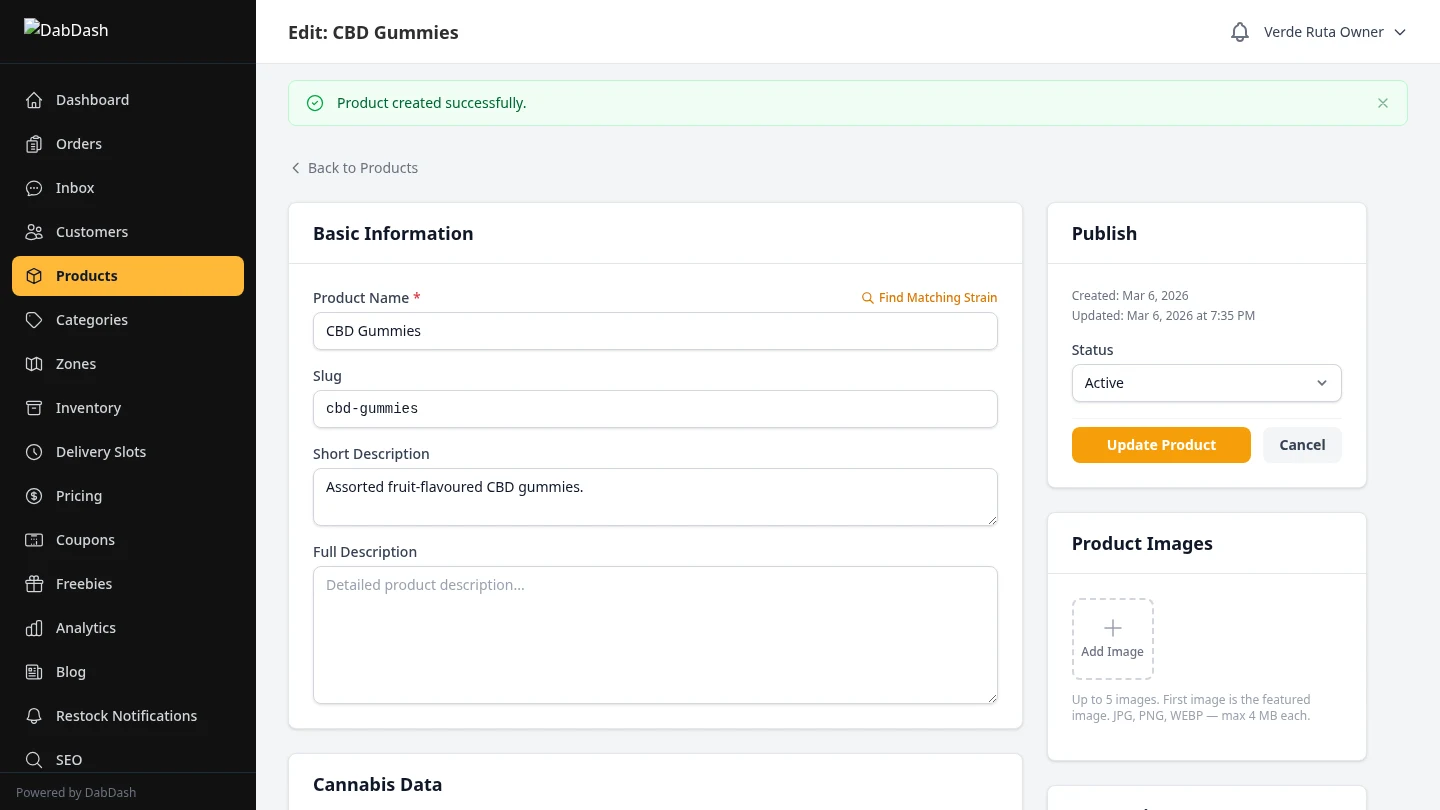 DabDash product editor showing custom standard weight variations with per-variation pricing and SKU fields