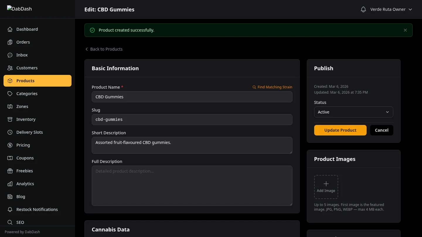 DabDash product editor showing custom standard weight variations with per-variation pricing and SKU fields