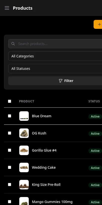 DabDash product index with all products selected and floating bulk action bar showing activate, archive, and delete — mobile view