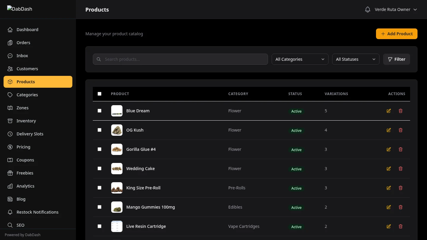 DabDash product index with all products selected and floating bulk action bar showing activate, archive, and delete