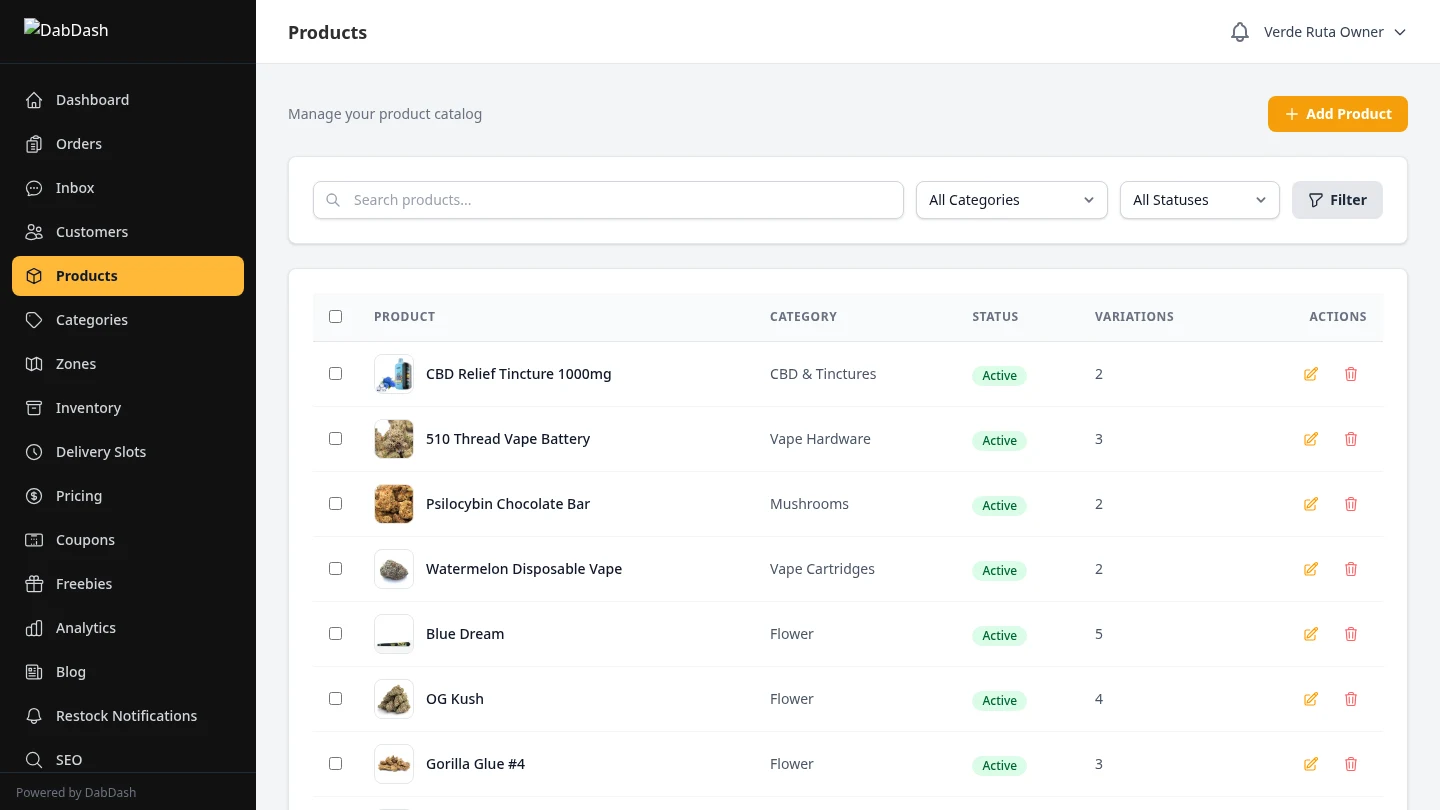 DabDash bulk strain enrich modal showing AI-assisted auto-fill of THC percentages, effects, and flavors across multiple products