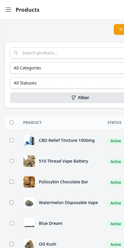 DabDash bulk strain enrich modal showing AI-assisted auto-fill of THC percentages, effects, and flavors across multiple products — mobile view