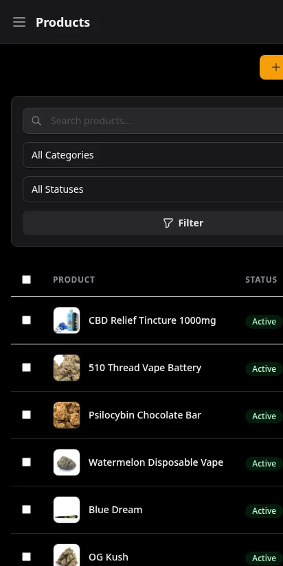 DabDash bulk strain enrich modal showing AI-assisted auto-fill of THC percentages, effects, and flavors across multiple products — mobile view