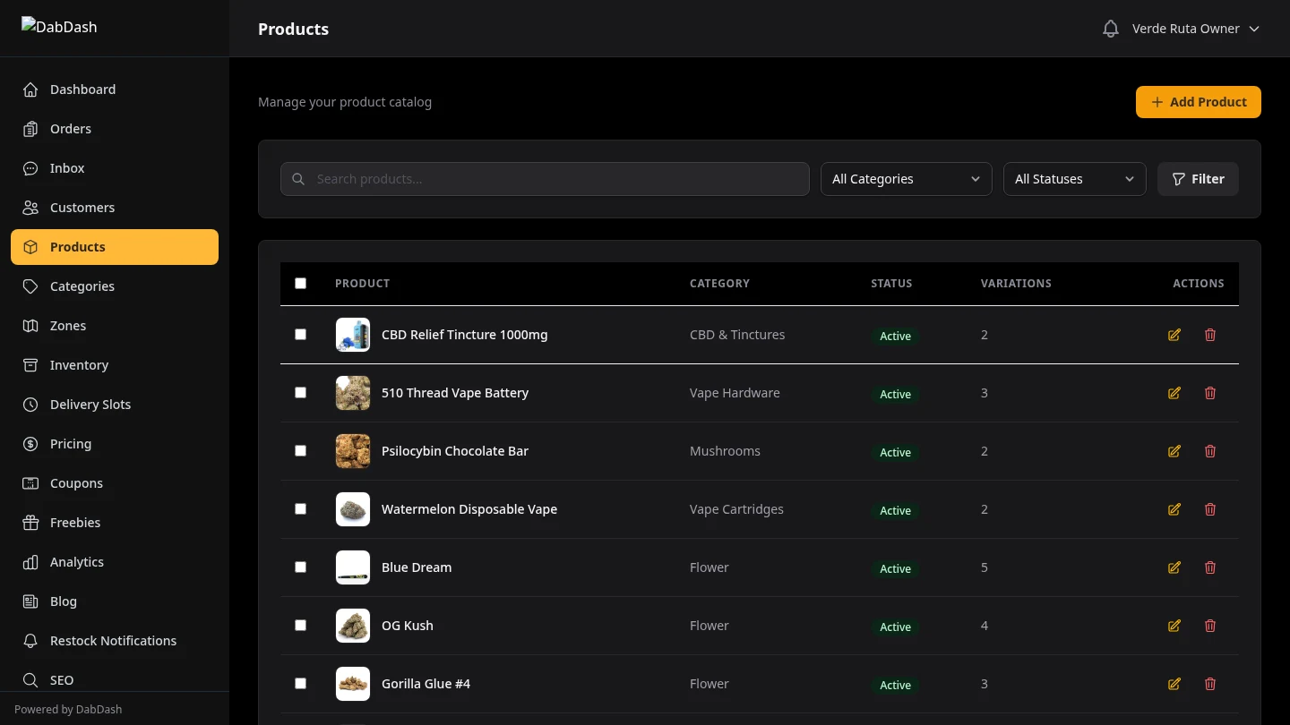 DabDash bulk strain enrich modal showing AI-assisted auto-fill of THC percentages, effects, and flavors across multiple products