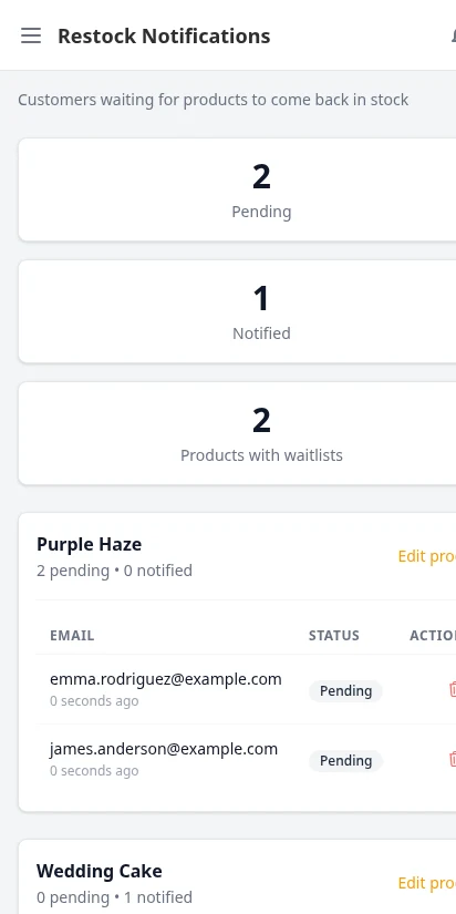 DabDash restock notifications showing customer emails waiting for low-stock products