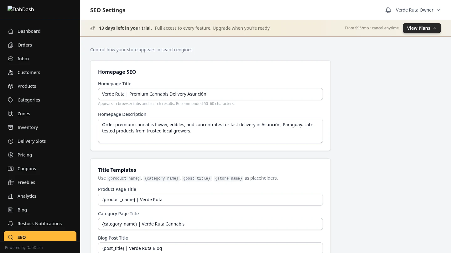 DabDash SEO settings with meta title, description, and Open Graph fields pre-filled