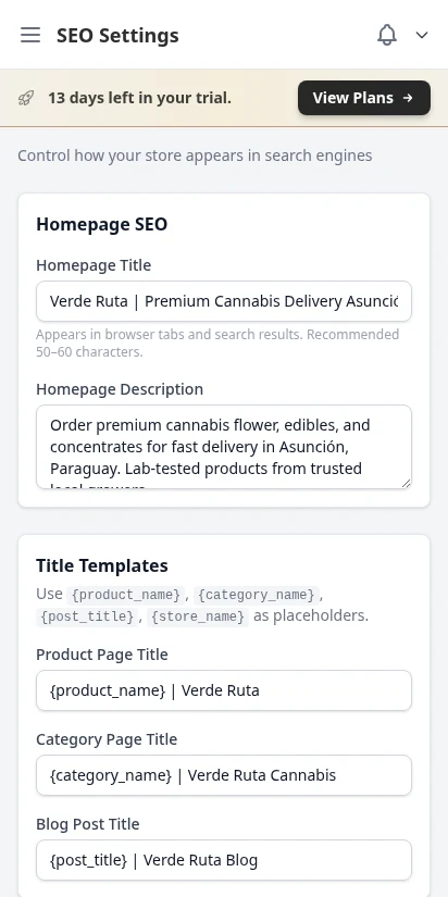 DabDash SEO settings with meta title, description, and Open Graph fields pre-filled