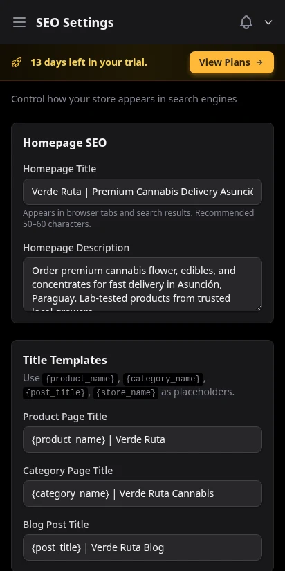 DabDash SEO settings with meta title, description, and Open Graph fields pre-filled