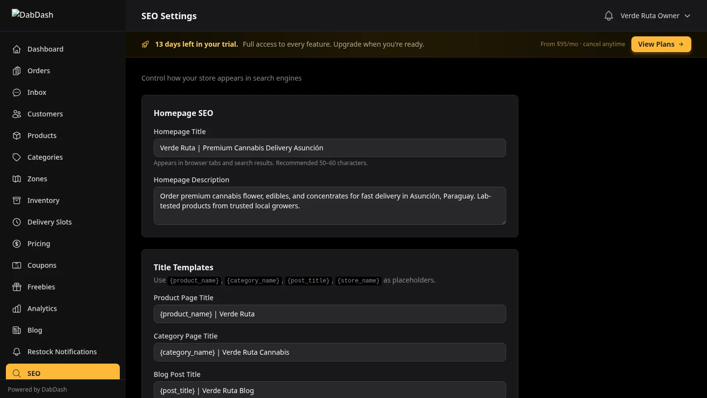 DabDash SEO settings with meta title, description, and Open Graph fields pre-filled