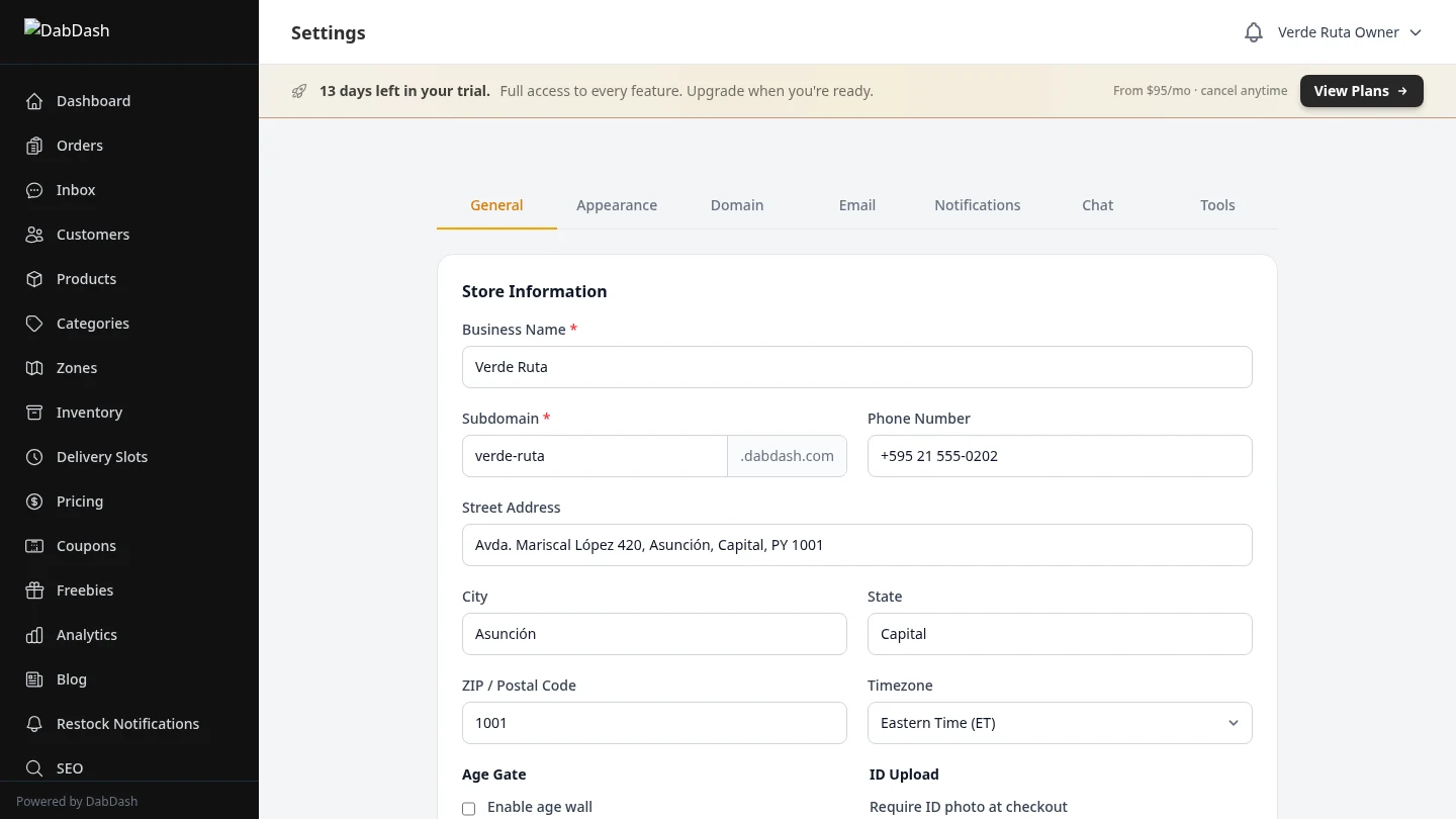 DabDash general settings showing store name, address, phone, and tax configuration