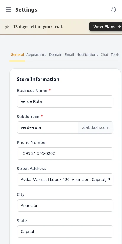 DabDash general settings showing store name, address, phone, and tax configuration
