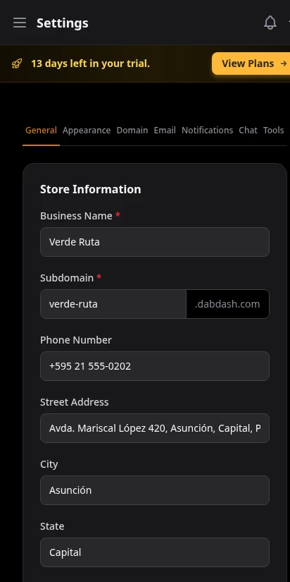 DabDash general settings showing store name, address, phone, and tax configuration