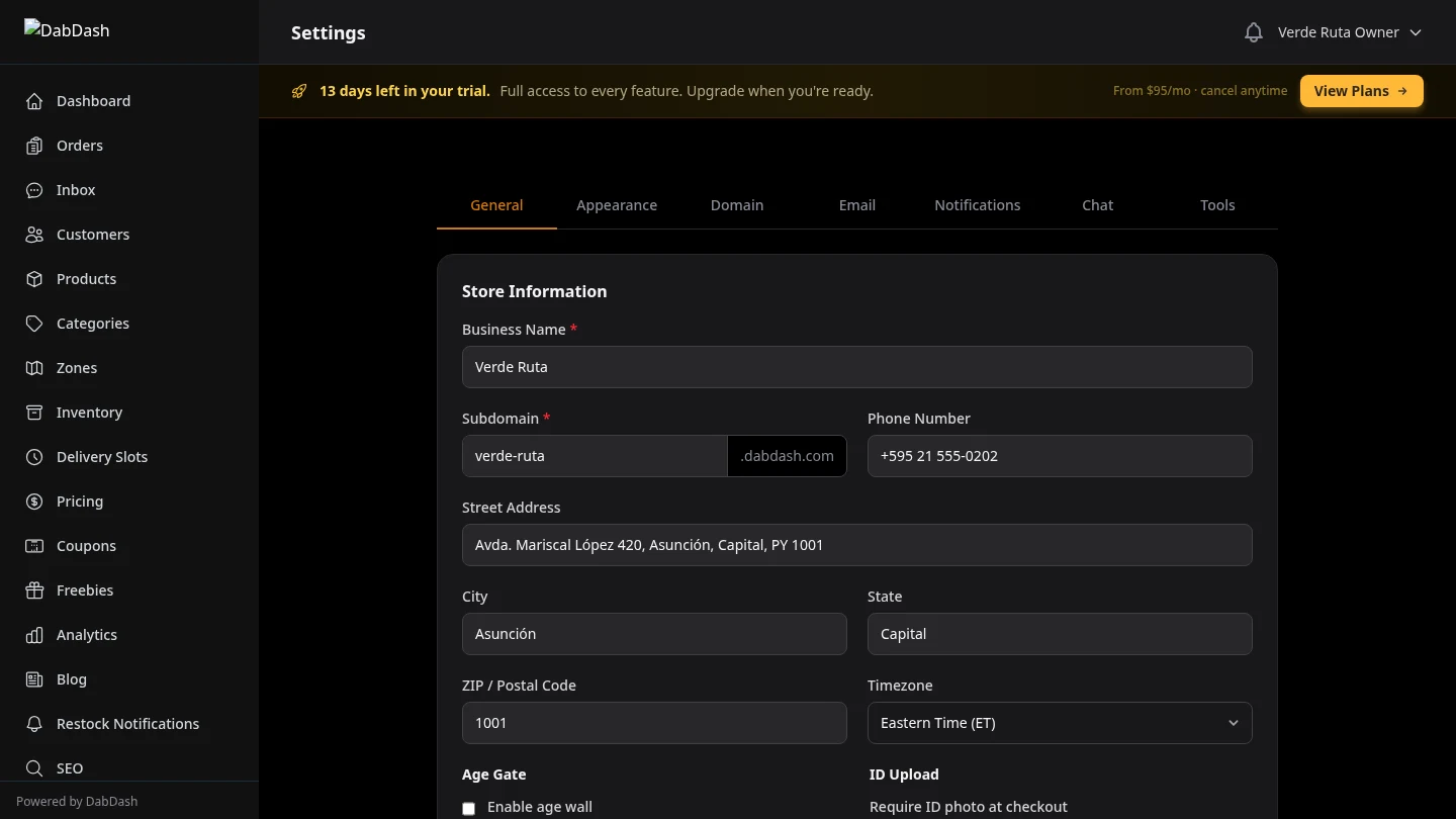 DabDash general settings showing store name, address, phone, and tax configuration