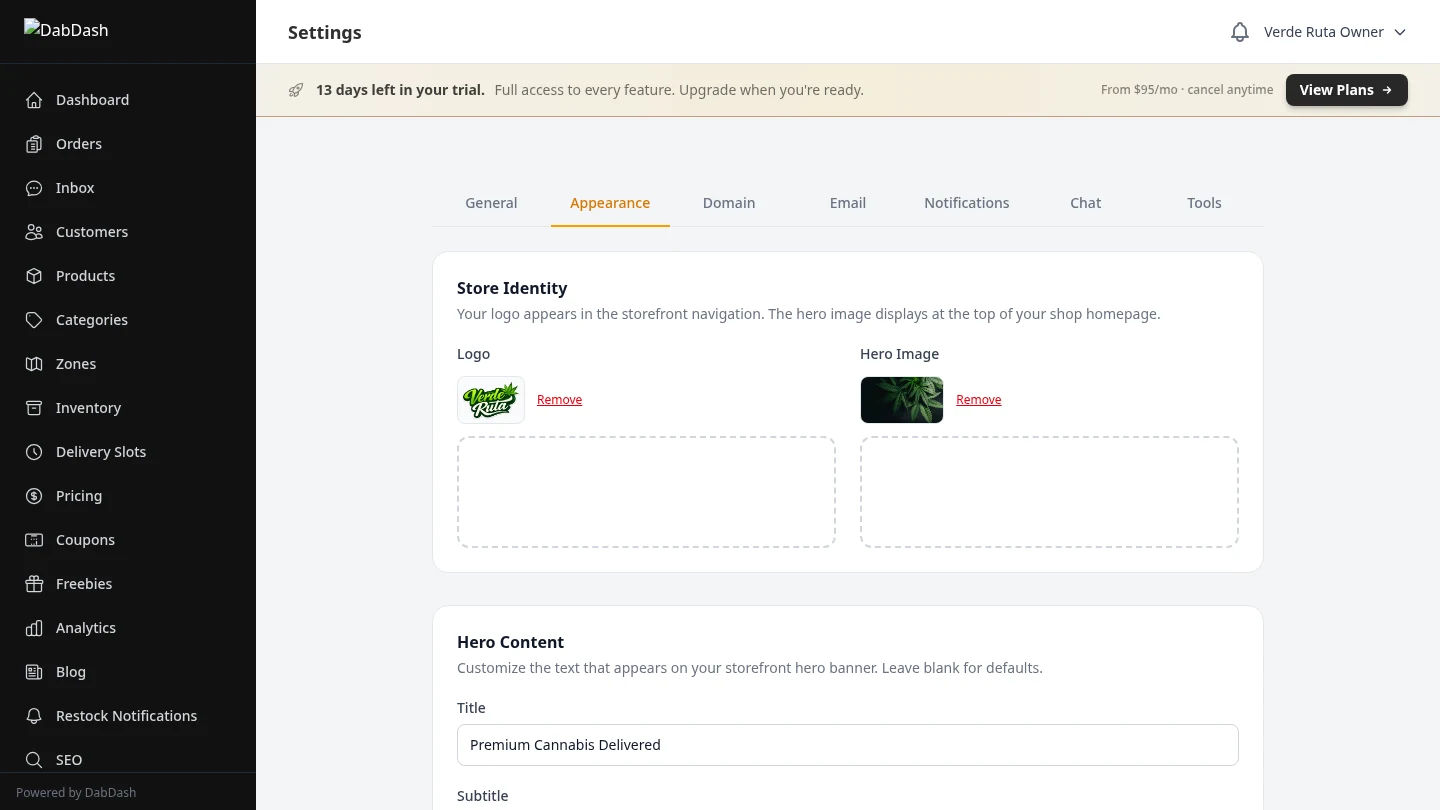 DabDash appearance settings showing logo upload, color pickers, font selector, and dark mode toggle