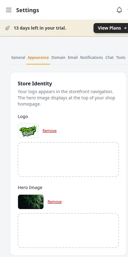 DabDash appearance settings showing logo upload, color pickers, font selector, and dark mode toggle