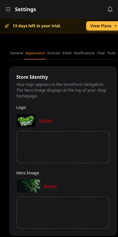 DabDash appearance settings showing logo upload, color pickers, font selector, and dark mode toggle
