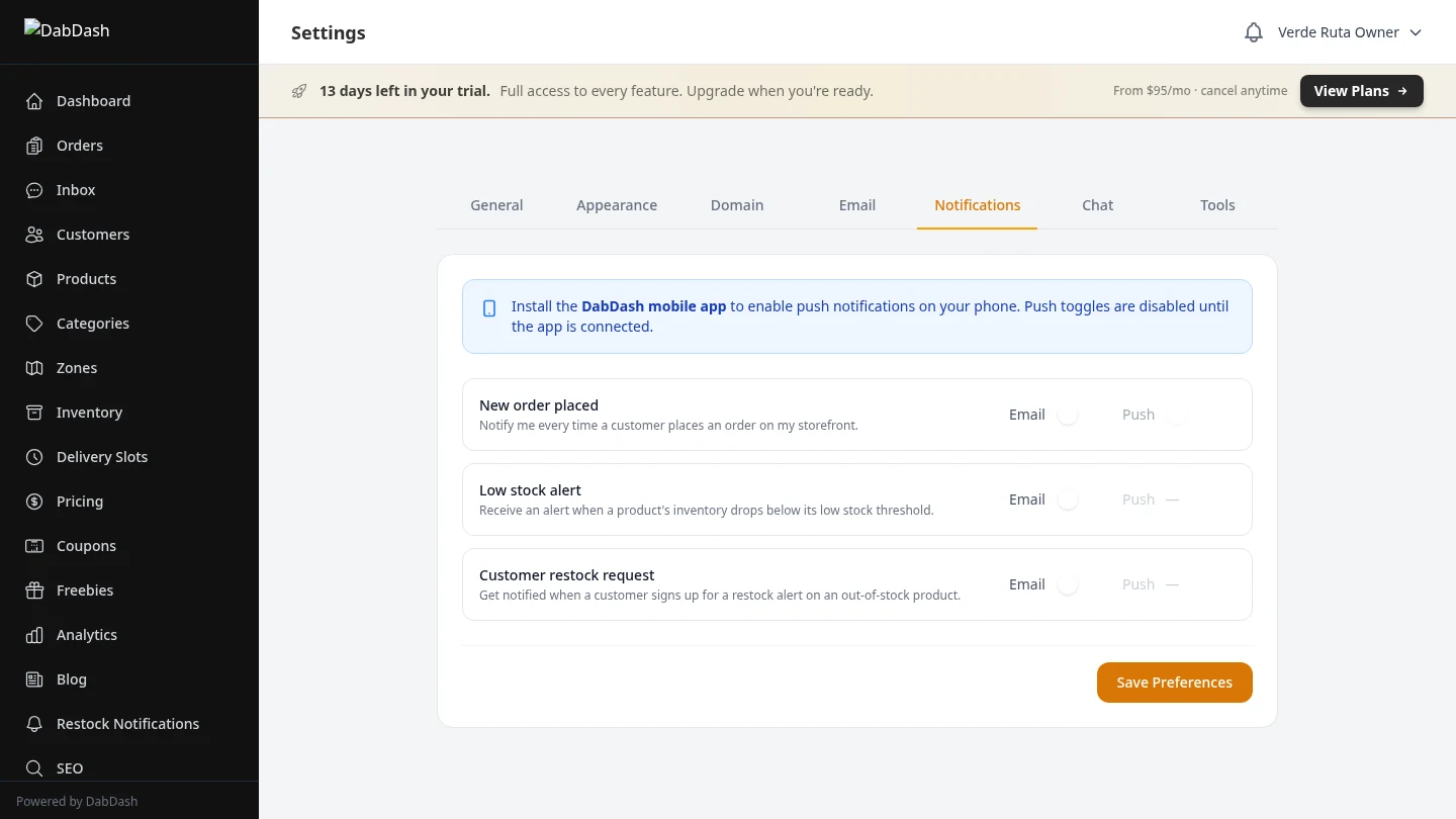 DabDash notification settings showing toggle switches for order, stock, and restock alerts