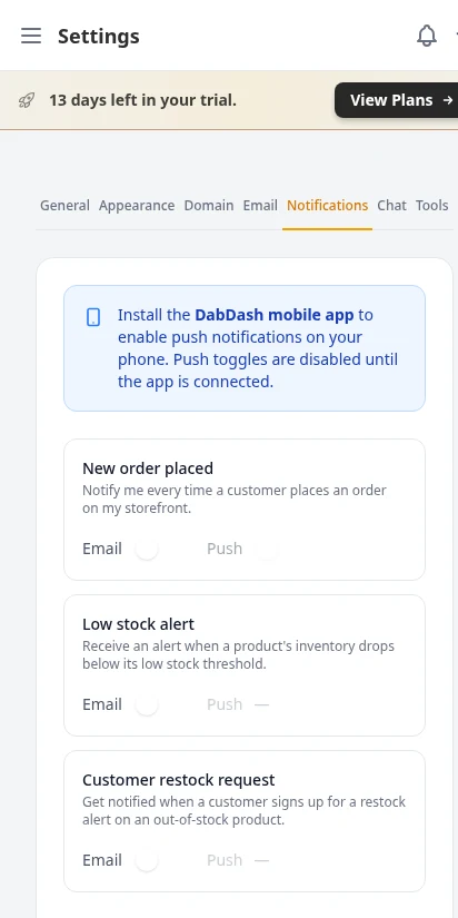 DabDash notification settings showing toggle switches for order, stock, and restock alerts