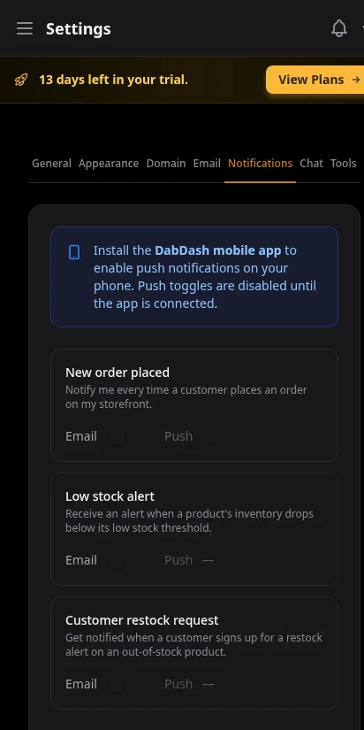 DabDash notification settings showing toggle switches for order, stock, and restock alerts