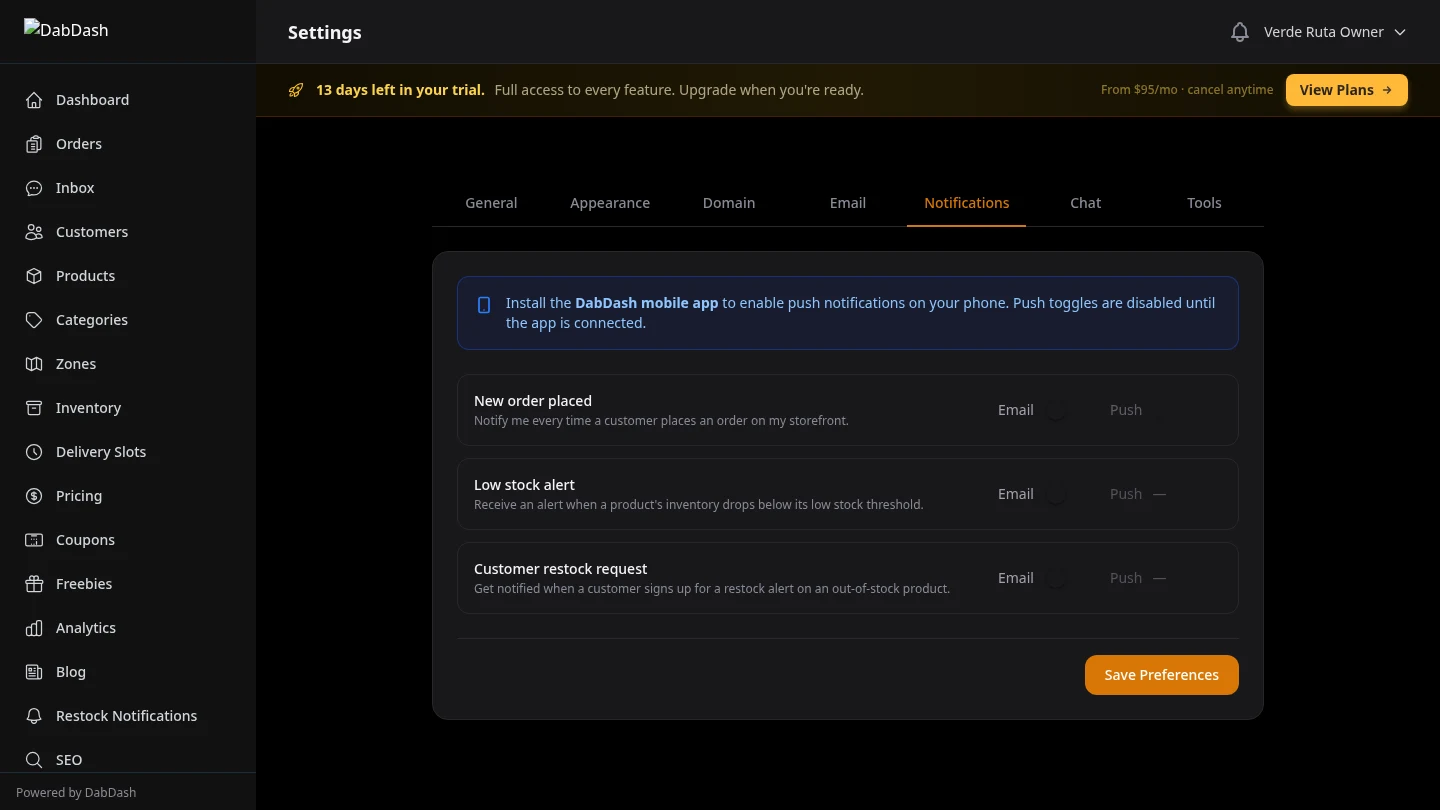 DabDash notification settings showing toggle switches for order, stock, and restock alerts