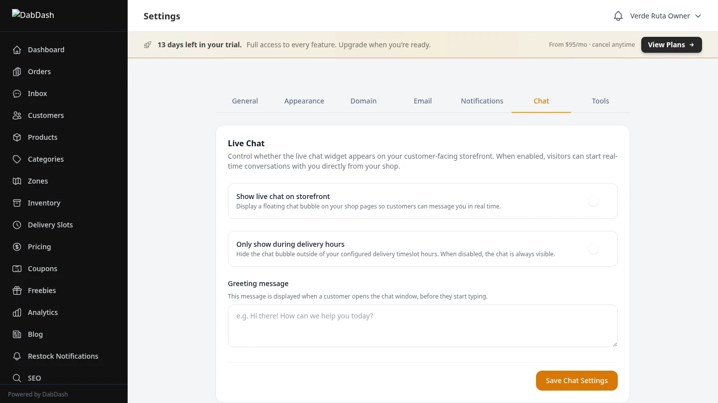 DabDash chat settings tab showing live chat widget enable toggle, availability hours, and auto-response configuration