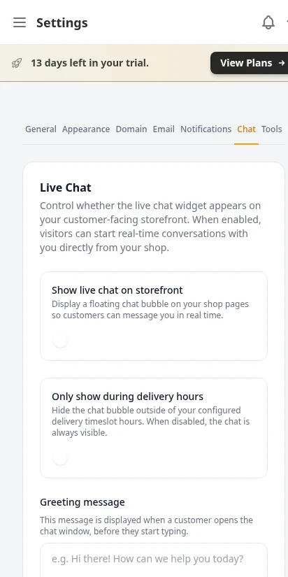 DabDash chat settings tab showing live chat widget enable toggle, availability hours, and auto-response configuration