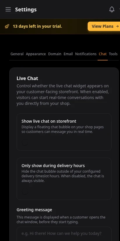 DabDash chat settings tab showing live chat widget enable toggle, availability hours, and auto-response configuration